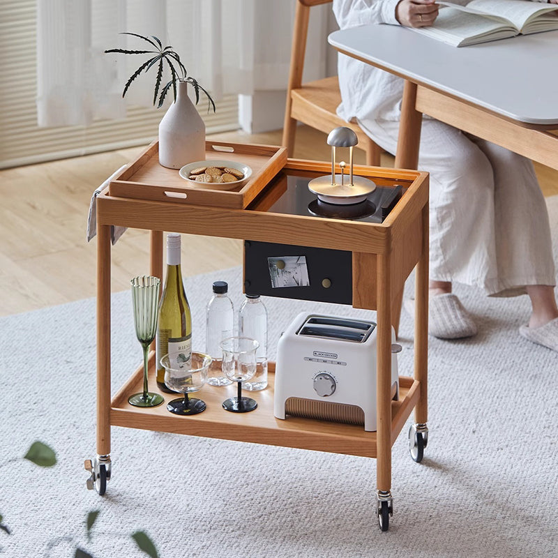 Contemporary Nordic Cherry Wood Oak Plywood Glass Rectangular Cart Movable End Table With 2-Tier Storage For Living Room And Bedroom