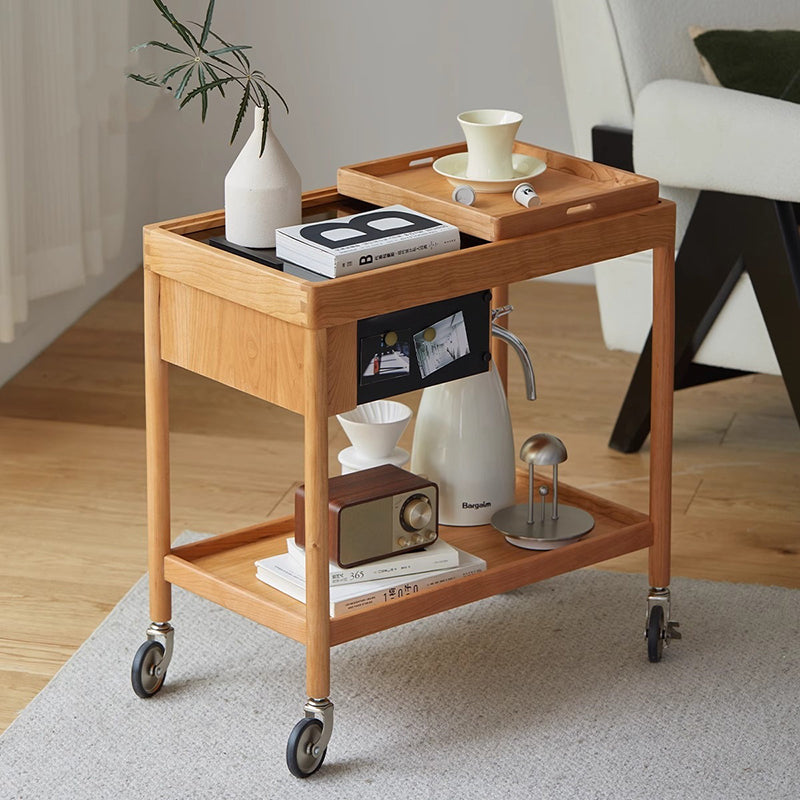 Zeitgenössischer nordischer Kirschholz-Eichen-Glas-Rechteckwagen Beistelltisch mit 2-stufigem Stauraum für Wohnzimmer und Schlafzimmer 