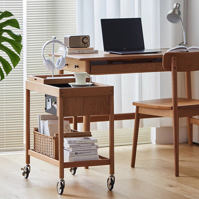 Zeitgenössischer nordischer Kirschholz-Eichen-Glas-Rechteckwagen Beistelltisch mit 2-stufigem Stauraum für Wohnzimmer und Schlafzimmer 