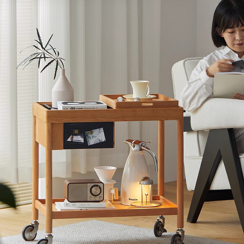 Zeitgenössischer nordischer Kirschholz-Eichen-Glas-Rechteckwagen Beistelltisch mit 2-stufigem Stauraum für Wohnzimmer und Schlafzimmer 