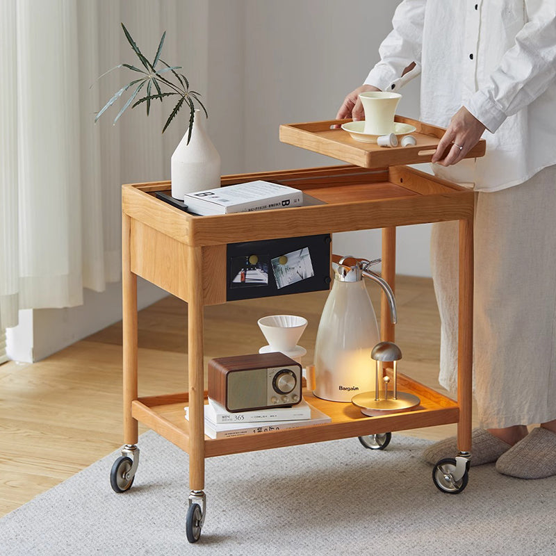 Zeitgenössischer nordischer Kirschholz-Eichen-Glas-Rechteckwagen Beistelltisch mit 2-stufigem Stauraum für Wohnzimmer und Schlafzimmer 