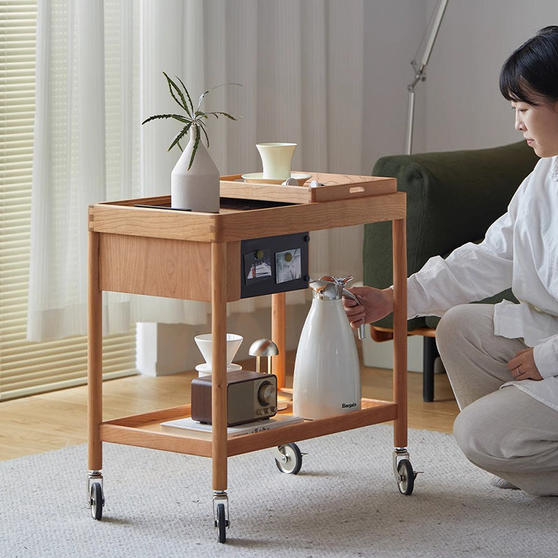 Zeitgenössischer nordischer Kirschholz-Eichen-Glas-Rechteckwagen Beistelltisch mit 2-stufigem Stauraum für Wohnzimmer und Schlafzimmer 