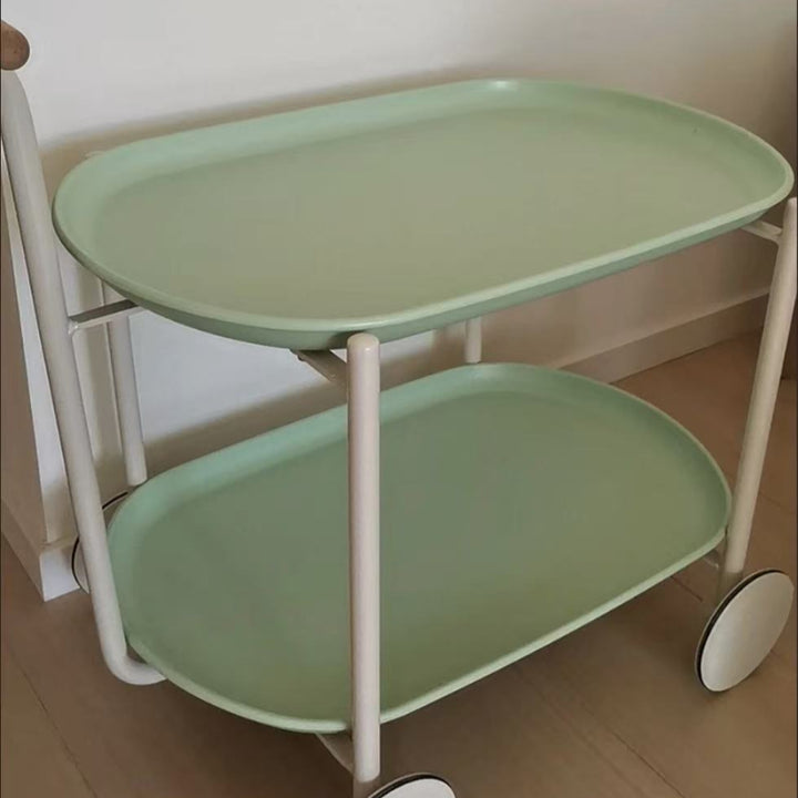 Zeitgenössischer skandinavischer ABS Eisen Holz Ovaler Wagen Beweglicher Beistelltisch mit 2-stufigem Stauraum für Wohnzimmer und Schlafzimmer 