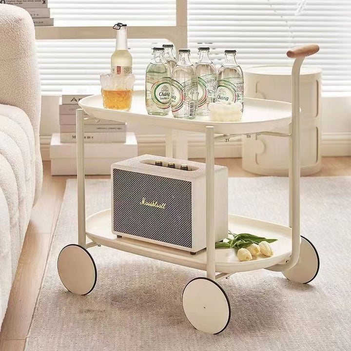 Zeitgenössischer skandinavischer ABS Eisen Holz Ovaler Wagen Beweglicher Beistelltisch mit 2-stufigem Stauraum für Wohnzimmer und Schlafzimmer 