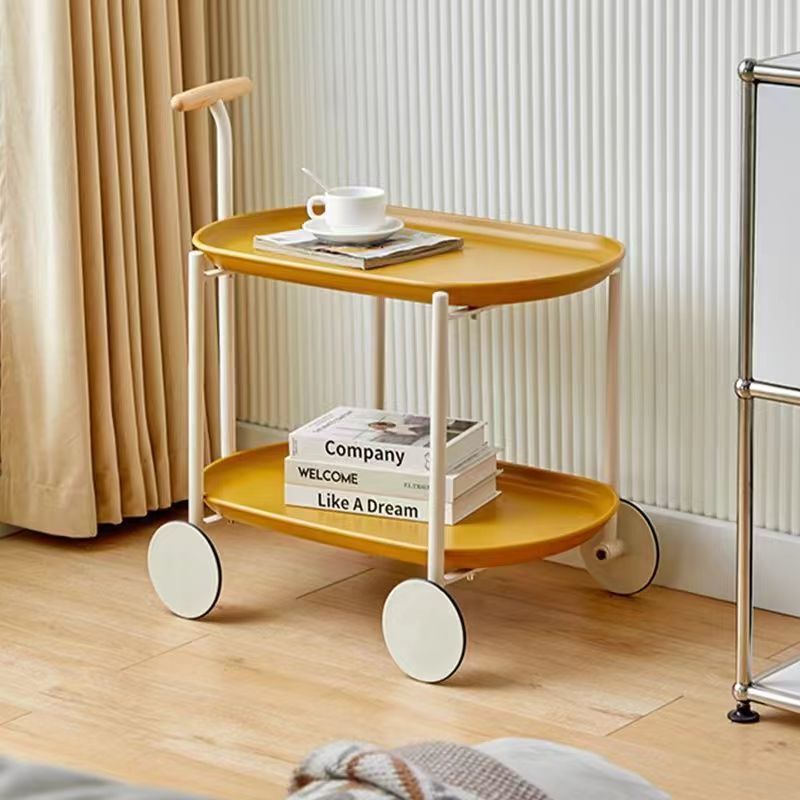 Zeitgenössischer skandinavischer ABS Eisen Holz Ovaler Wagen Beweglicher Beistelltisch mit 2-stufigem Stauraum für Wohnzimmer und Schlafzimmer 