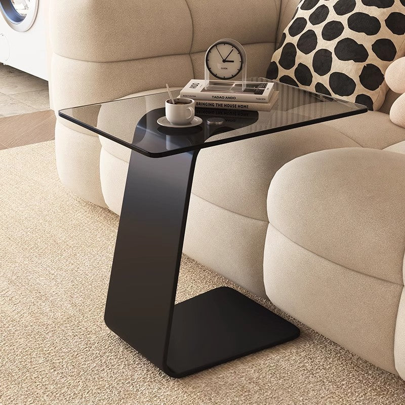 Modern Minimalist Tempered Glass &amp; Carbon Steel Rectangular C-Shaped End Table With 2-Tier Design For Living Room And Bedroom