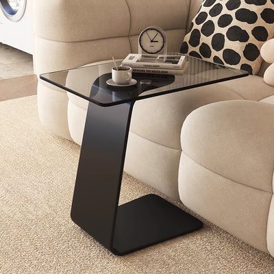 Moderner minimalistischer Beistelltisch aus gehärtetem Glas und Kohlenstoffstahl in rechteckiger C-Form mit 2-stufigem Design für Wohnzimmer und Schlafzimmer 