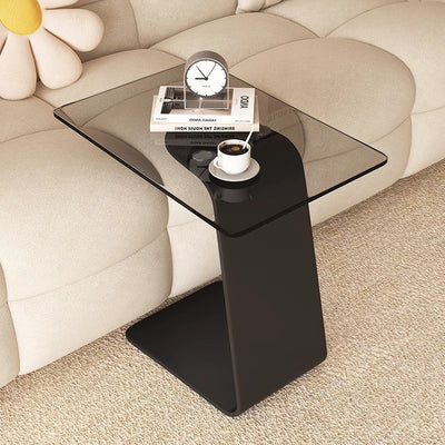 Moderner minimalistischer Beistelltisch aus gehärtetem Glas und Kohlenstoffstahl in rechteckiger C-Form mit 2-stufigem Design für Wohnzimmer und Schlafzimmer 