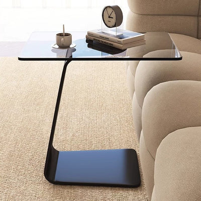 Moderner minimalistischer Beistelltisch aus gehärtetem Glas und Kohlenstoffstahl in rechteckiger C-Form mit 2-stufigem Design für Wohnzimmer und Schlafzimmer 