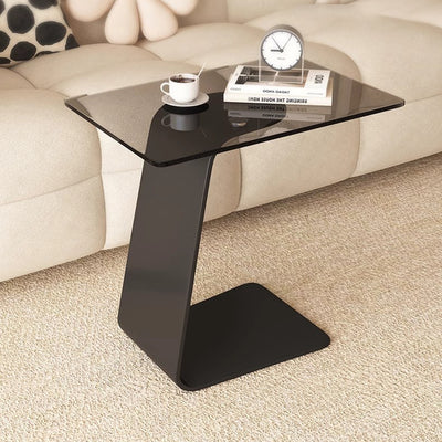 Moderner minimalistischer Beistelltisch aus gehärtetem Glas und Kohlenstoffstahl in rechteckiger C-Form mit 2-stufigem Design für Wohnzimmer und Schlafzimmer 