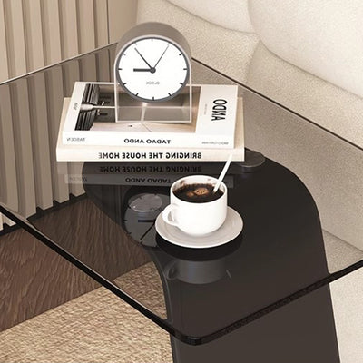 Moderner minimalistischer Beistelltisch aus gehärtetem Glas und Kohlenstoffstahl in rechteckiger C-Form mit 2-stufigem Design für Wohnzimmer und Schlafzimmer 