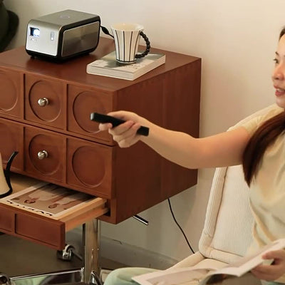 Mesita de noche cuadrada elevable contemporánea de madera retro y acero inoxidable con 3 cajones y ruedas giratorias para dormitorio o sala de estar 