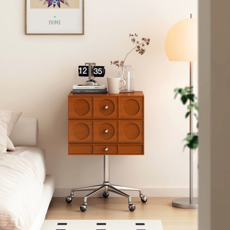 Mesita de noche cuadrada elevable contemporánea de madera retro y acero inoxidable con 3 cajones y ruedas giratorias para dormitorio o sala de estar 