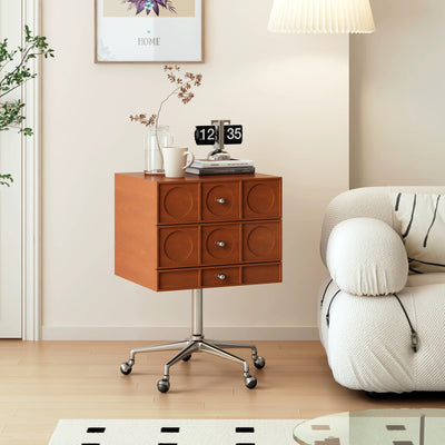 Mesita de noche cuadrada elevable contemporánea de madera retro y acero inoxidable con 3 cajones y ruedas giratorias para dormitorio o sala de estar 
