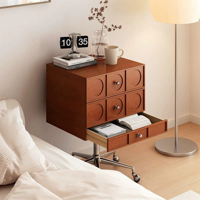Mesita de noche cuadrada elevable contemporánea de madera retro y acero inoxidable con 3 cajones y ruedas giratorias para dormitorio o sala de estar 