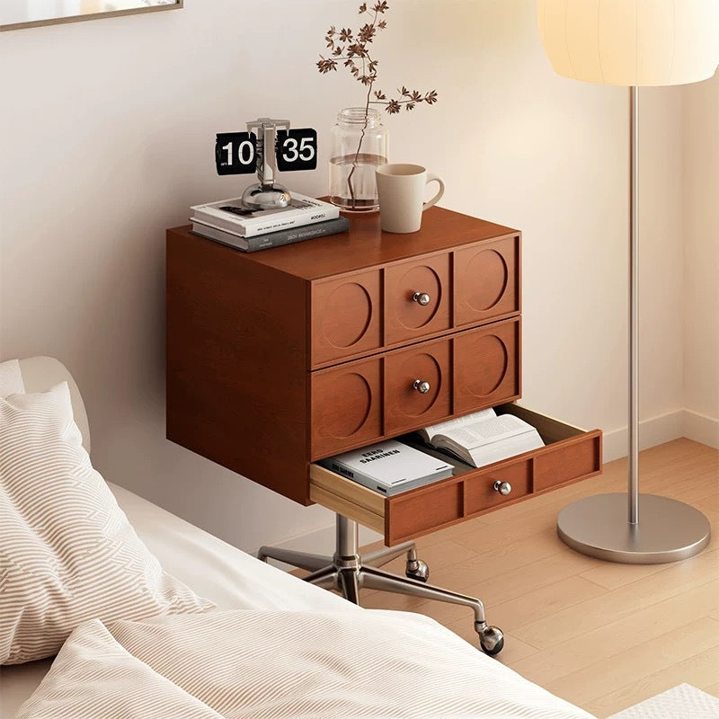 Mesita de noche cuadrada elevable contemporánea de madera retro y acero inoxidable con 3 cajones y ruedas giratorias para dormitorio o sala de estar 