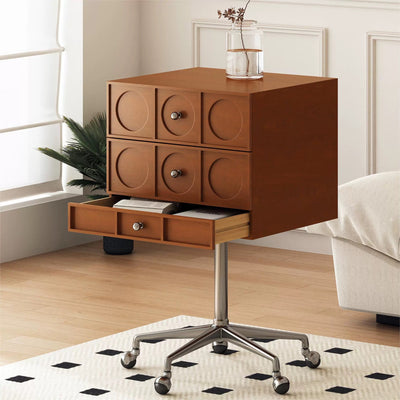 Mesita de noche cuadrada elevable contemporánea de madera retro y acero inoxidable con 3 cajones y ruedas giratorias para dormitorio o sala de estar 