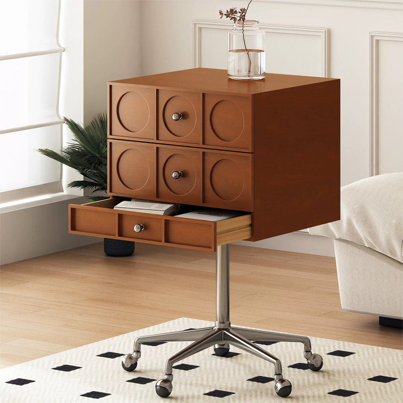 Mesita de noche cuadrada elevable contemporánea de madera retro y acero inoxidable con 3 cajones y ruedas giratorias para dormitorio o sala de estar 
