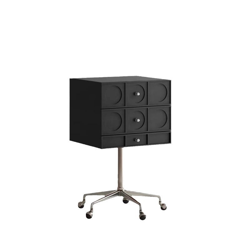 Mesita de noche cuadrada elevable contemporánea de madera retro y acero inoxidable con 3 cajones y ruedas giratorias para dormitorio o sala de estar 