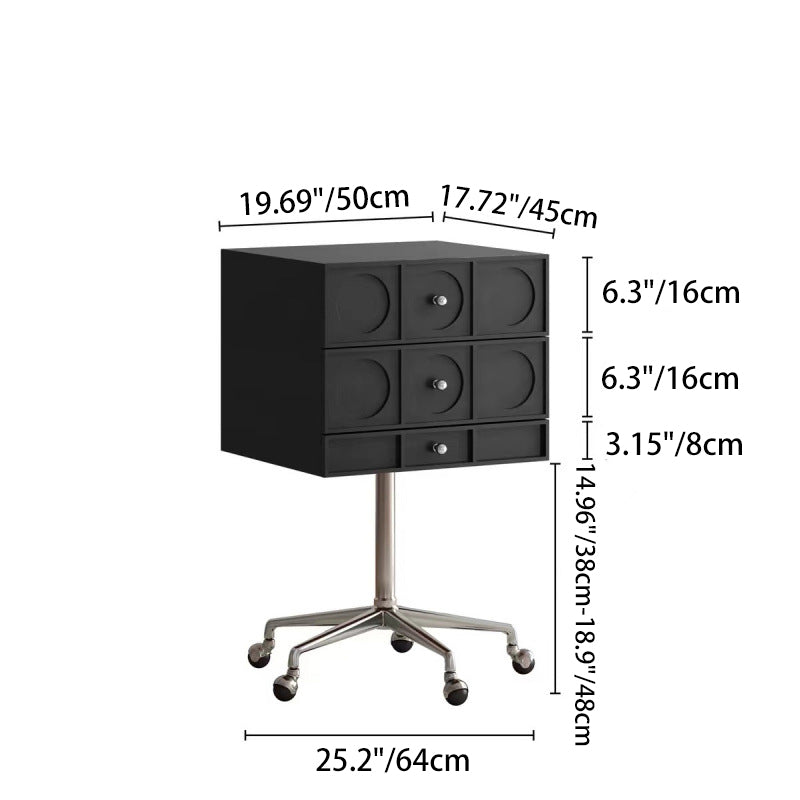 Mesita de noche cuadrada elevable contemporánea de madera retro y acero inoxidable con 3 cajones y ruedas giratorias para dormitorio o sala de estar 
