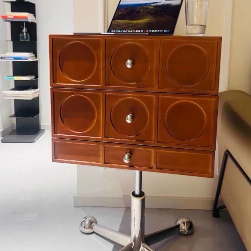 Mesita de noche cuadrada elevable contemporánea de madera retro y acero inoxidable con 3 cajones y ruedas giratorias para dormitorio o sala de estar 