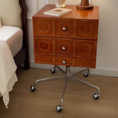 Mesita de noche cuadrada elevable contemporánea de madera retro y acero inoxidable con 3 cajones y ruedas giratorias para dormitorio o sala de estar 