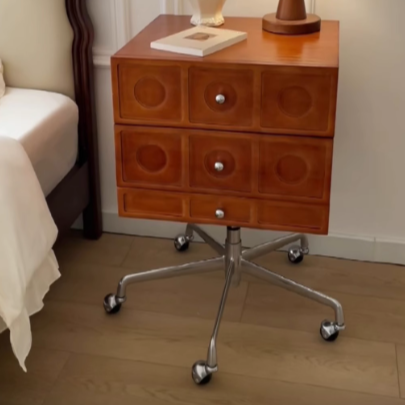 Mesita de noche cuadrada elevable contemporánea de madera retro y acero inoxidable con 3 cajones y ruedas giratorias para dormitorio o sala de estar 