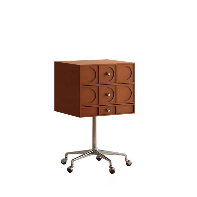 Mesita de noche cuadrada elevable contemporánea de madera retro y acero inoxidable con 3 cajones y ruedas giratorias para dormitorio o sala de estar 