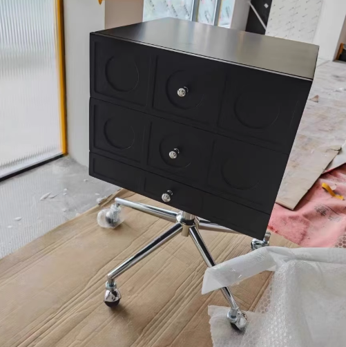 Mesita de noche cuadrada elevable contemporánea de madera retro y acero inoxidable con 3 cajones y ruedas giratorias para dormitorio o sala de estar 