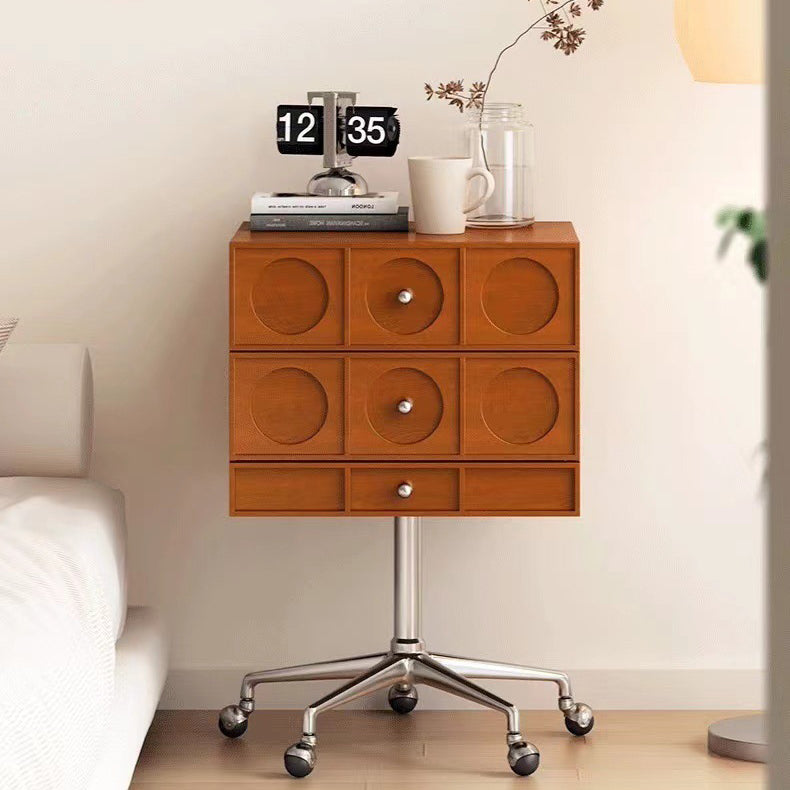 Mesita de noche cuadrada elevable contemporánea de madera retro y acero inoxidable con 3 cajones y ruedas giratorias para dormitorio o sala de estar 