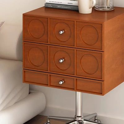Mesita de noche cuadrada elevable contemporánea de madera retro y acero inoxidable con 3 cajones y ruedas giratorias para dormitorio o sala de estar 