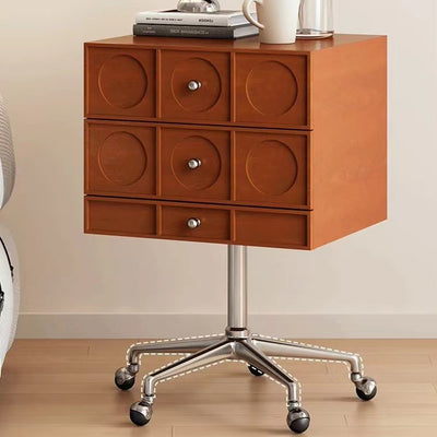 Mesita de noche cuadrada elevable contemporánea de madera retro y acero inoxidable con 3 cajones y ruedas giratorias para dormitorio o sala de estar 