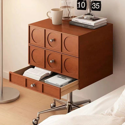 Mesita de noche cuadrada elevable contemporánea de madera retro y acero inoxidable con 3 cajones y ruedas giratorias para dormitorio o sala de estar 