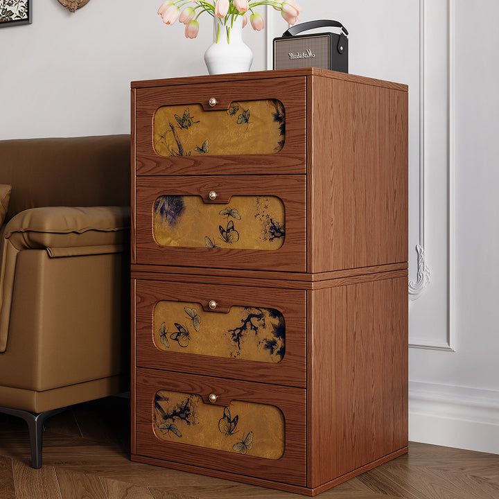 Table de chevet rectangulaire en bois massif chinois traditionnel et soie avec papillon, avec 2 tiroirs pour chambre ou salon 