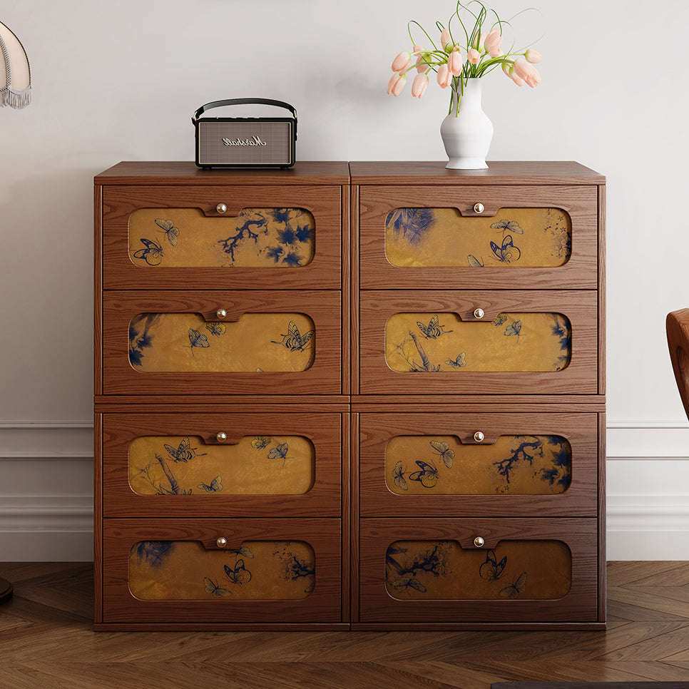 Table de chevet rectangulaire en bois massif chinois traditionnel et soie avec papillon, avec 2 tiroirs pour chambre ou salon 