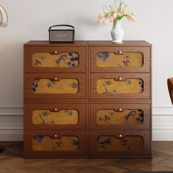Table de chevet rectangulaire en bois massif chinois traditionnel et soie avec papillon, avec 2 tiroirs pour chambre ou salon 
