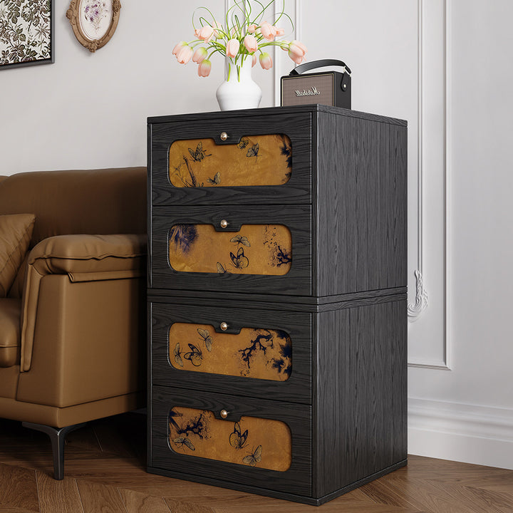 Table de chevet rectangulaire en bois massif chinois traditionnel et soie avec papillon, avec 2 tiroirs pour chambre ou salon 