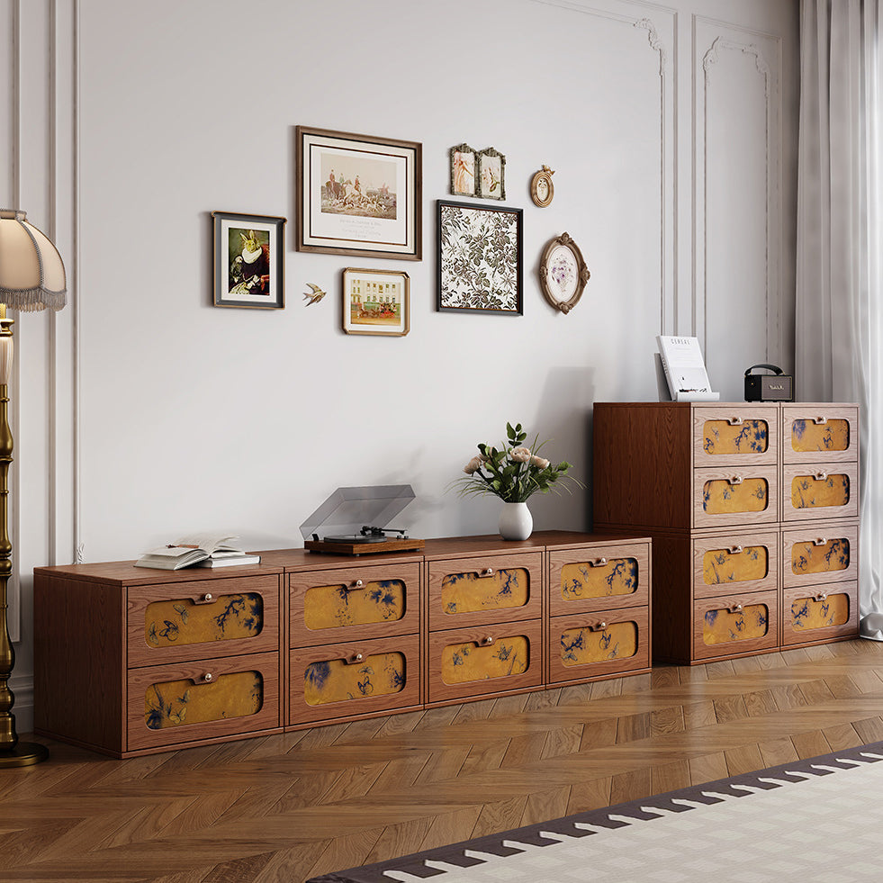 Table de chevet rectangulaire en bois massif chinois traditionnel et soie avec papillon, avec 2 tiroirs pour chambre ou salon 