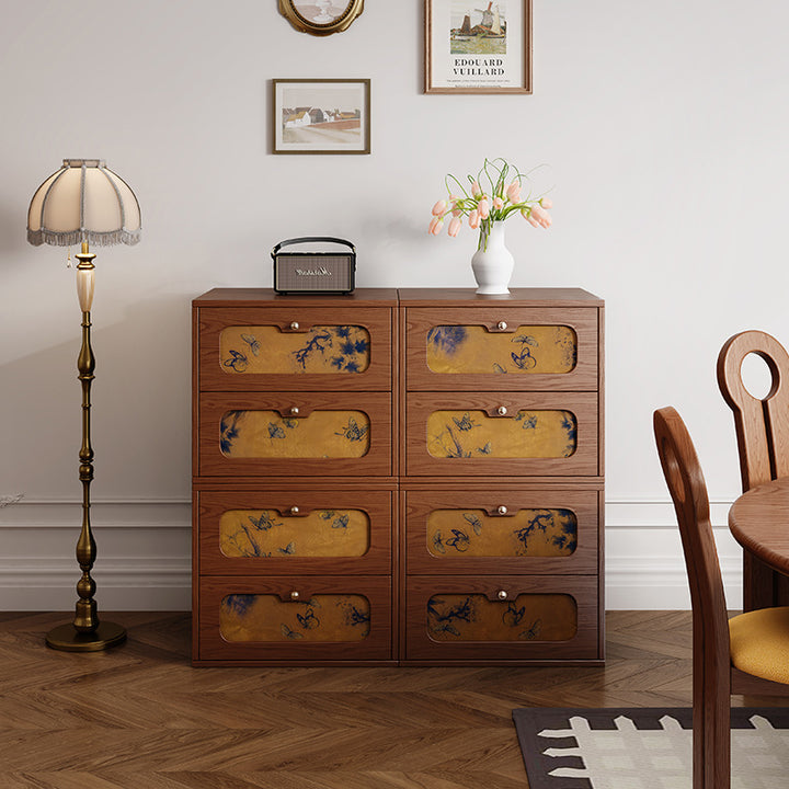 Table de chevet rectangulaire en bois massif chinois traditionnel et soie avec papillon, avec 2 tiroirs pour chambre ou salon 