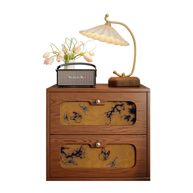 Table de chevet rectangulaire en bois massif chinois traditionnel et soie avec papillon, avec 2 tiroirs pour chambre ou salon 