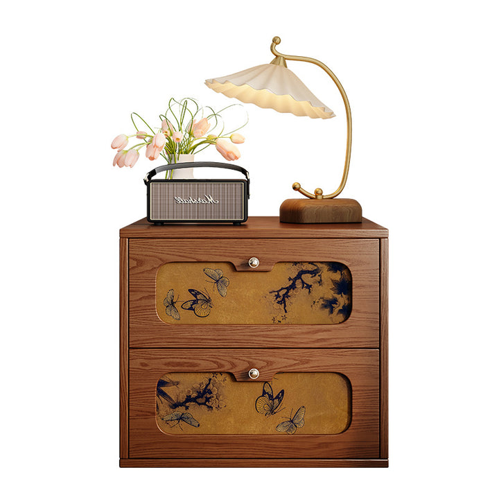 Table de chevet rectangulaire en bois massif chinois traditionnel et soie avec papillon, avec 2 tiroirs pour chambre ou salon 