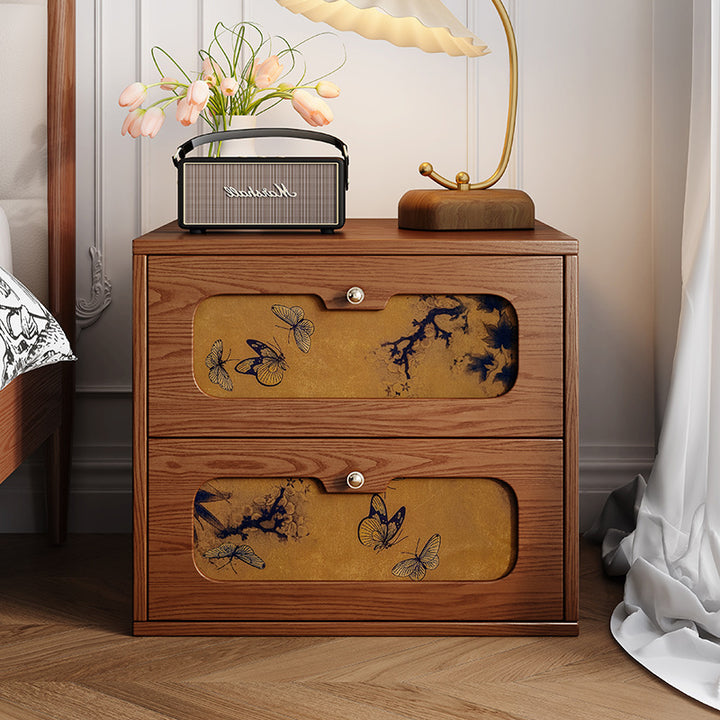 Table de chevet rectangulaire en bois massif chinois traditionnel et soie avec papillon, avec 2 tiroirs pour chambre ou salon 