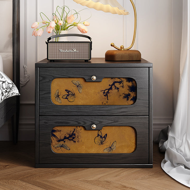 Table de chevet rectangulaire en bois massif chinois traditionnel et soie avec papillon, avec 2 tiroirs pour chambre ou salon 