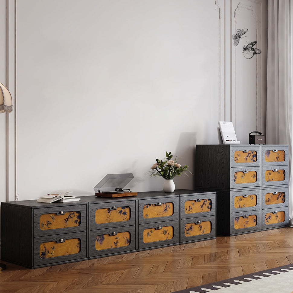 Table de chevet rectangulaire en bois massif chinois traditionnel et soie avec papillon, avec 2 tiroirs pour chambre ou salon 