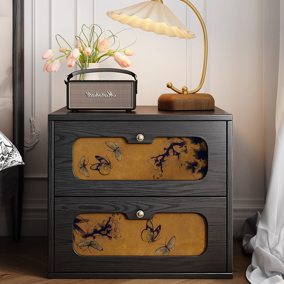 Table de chevet rectangulaire en bois massif chinois traditionnel et soie avec papillon, avec 2 tiroirs pour chambre ou salon 