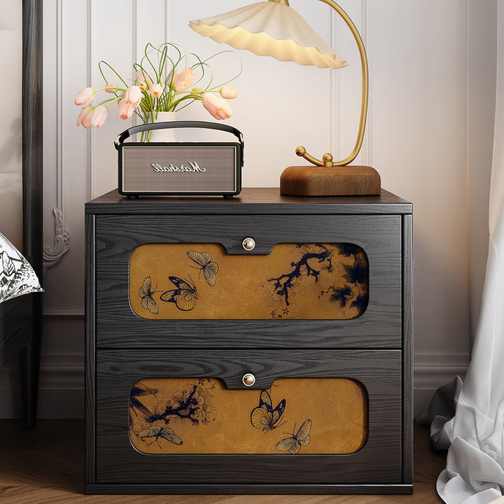 Table de chevet rectangulaire en bois massif chinois traditionnel et soie avec papillon, avec 2 tiroirs pour chambre ou salon 