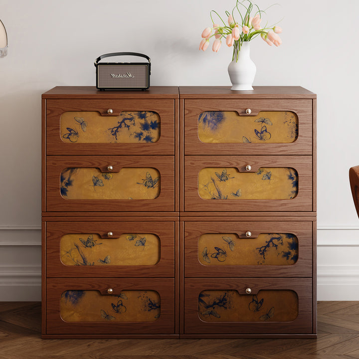 Table de chevet rectangulaire en bois massif chinois traditionnel et soie avec papillon, avec 2 tiroirs pour chambre ou salon 