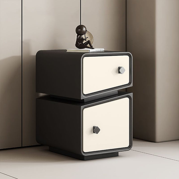 Table de chevet rectangulaire à coupe fendue, en bois massif, contreplaqué et cuir microfibre, style minimaliste moderne, avec 2 tiroirs pour chambre à coucher 