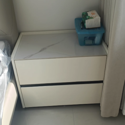 Modern Minimalist Slab Solid Wood &amp; Microfiber Leather Rectangular Nightstand With 2 Drawers For Bedroom