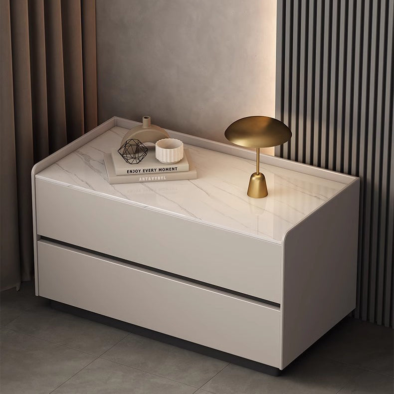 Modern Minimalist Slab Solid Wood &amp; Microfiber Leather Rectangular Nightstand With 2 Drawers For Bedroom